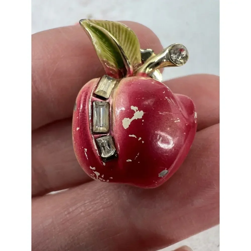 Vintage Red Gold-Tone Enamel Apple Shaped Small Clips - Lot of 2 Teacher‎
